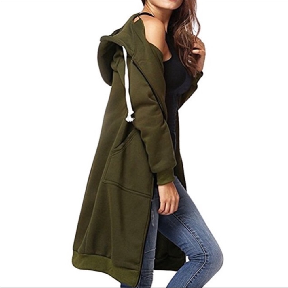 1 Left!  Olive Green Long Maxi Hoodie ZIP Sweater - Picture 3 of 8